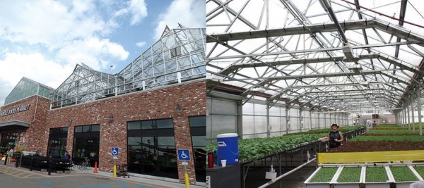 미국 홀푸드마켓의 '옥상농장' 외부와 내부의 모습.[사진 출처=한국경제매거진]