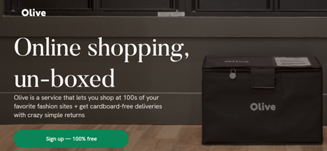 재활한 병, 팔레트, 컵과 폴리에스터를 사용해서 만든 일종의 패브릭 박스(Fabric Box)를 사용하는 Olive (사진출처: Olive - Online shopping unboxed)