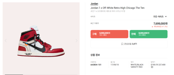 정가 약 23만원에 발매한 오프화이트와 나이키 조던의 협업 모델. 현재 가격이 후덜덜하다. 출처: Kream 홈페이지.