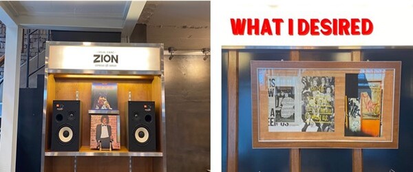 (ZION 1층에는 70년대에 유명했던 마빈 게이의 lp 플레이어 같은 아날로그적 장식물이 배치 되어있다. 반면 2층에는 과거 문화들을 현대적으로 재해석한 액자들을 배치해 ‘크로스 오버 형식-시간과 공간을 넘나드는 형식’ 인테리어를 보여주고 있다)