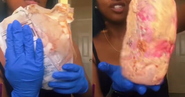 종이 포장지에 터진 상태로 포장되어 온 핑크 소스( 출처 : 틱톡 @beautiful monnie )