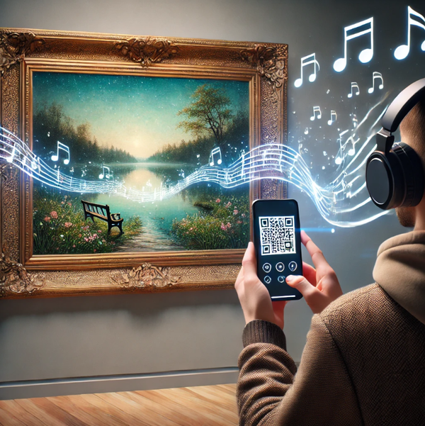 그림으로 만든 시를 가사로 하여 만든 음악을 들으면서 그림 감상을 하는 관람객