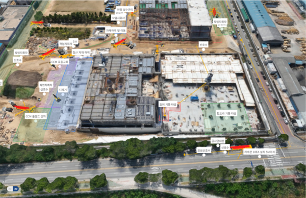 드론 플랫폼을 활용하여 현장 내 장비 배치 계획을 수립한 모습[출처:CJ대한통운]