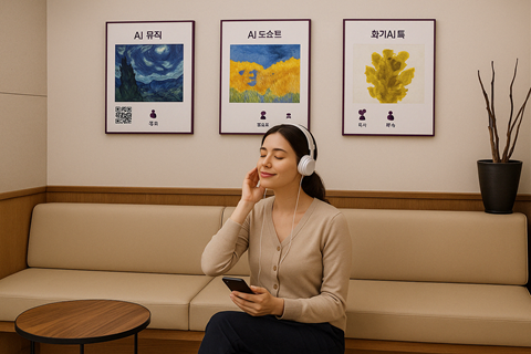 치과병원 대기실 벽면에 설치된 AI도슨트 그림을 QR코드로 접속해 음악 감상중이다.